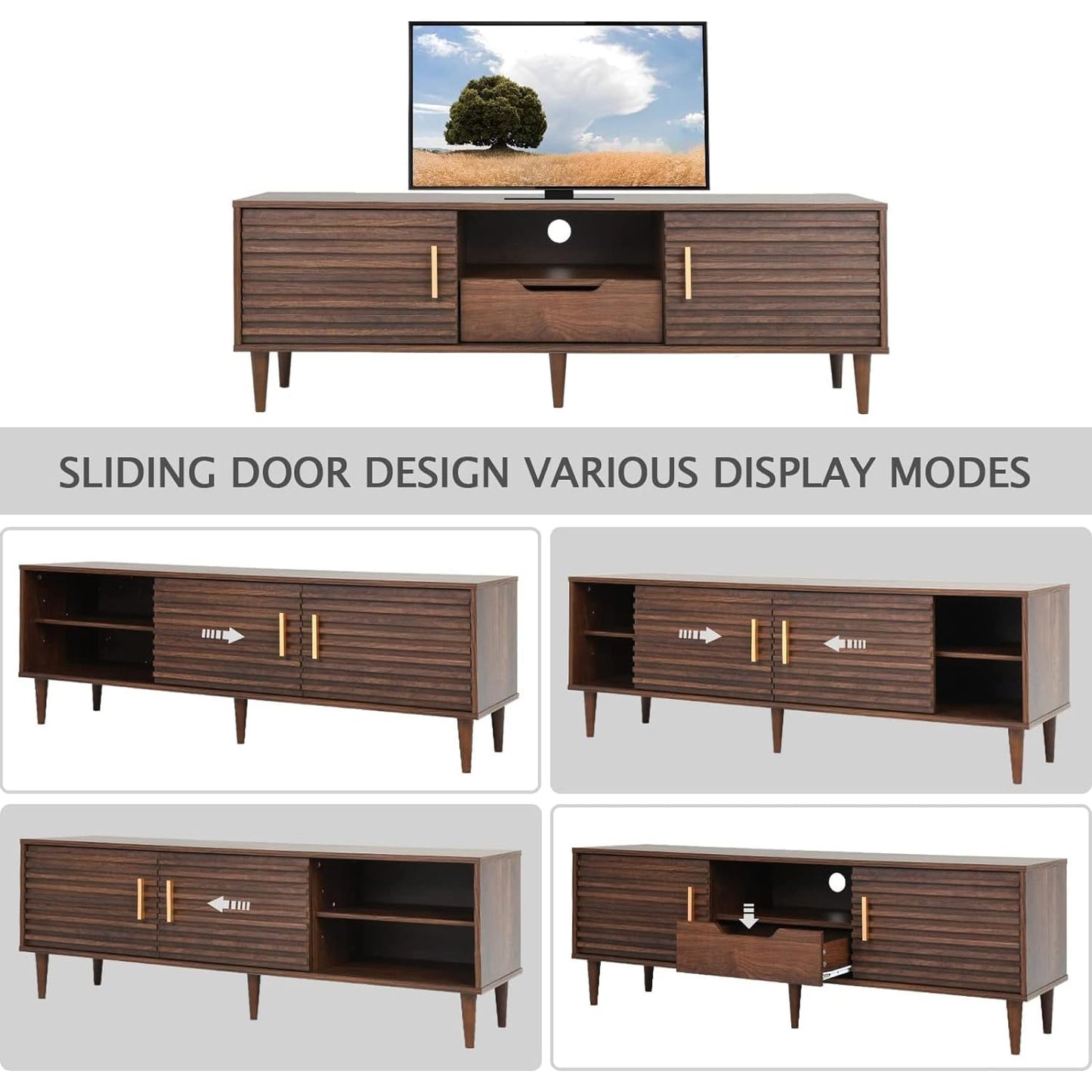 Mid-Century Modern TV Stand for TVs up to 65" Wood TV Console Media Cabinet with Drawer, Sliding Door Storage Cabinet, Open Shelf Home Entertainment Center for Living Room and Bedroom, Brown 59"