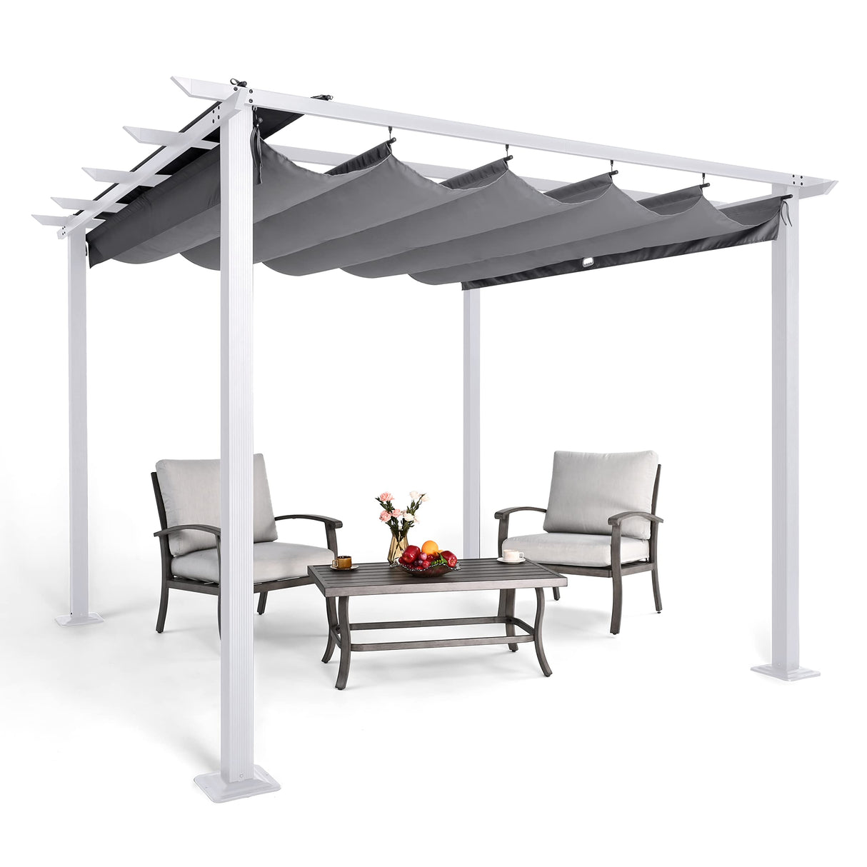 HAPPATIO 10' X 10' Pergola Retractable Pergola Canopy with White Frame for Backyards, Gardens, Patios, Outdoor Pergola with Sun Shade Canopy, Includes Ground Studs and Expansion Screws (Gray) HAPPATIO