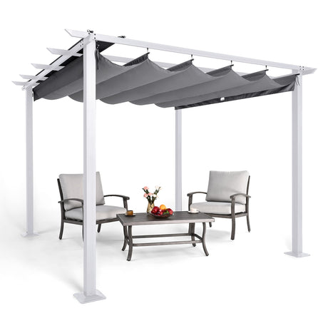 HAPPATIO 10' X 10' Pergola Retractable Pergola Canopy with White Frame for Backyards, Gardens, Patios, Outdoor Pergola with Sun Shade Canopy, Includes Ground Studs and Expansion Screws (Gray) HAPPATIO