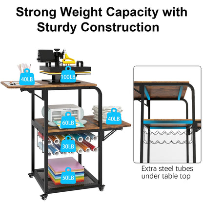 PUNCIA Movable Heat Press Table with Vinyl Roll Holder Table for Heat Press with Folding Shelf DIY Sublimation Transfer Machine Workbench with Storage Rolling Craft Table Heat Press Cart with Wheels