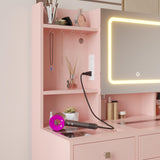 Karl home Makeup Vanity with Lighted Mirror Bedroom Vanity Desk with Charging Station Large Vanity Set with Transparent Desk, Drawers, Cabinet, Shelves for Storage in Bedroom, Light Pink Karl home