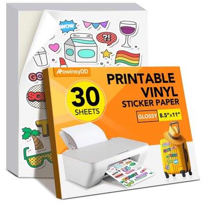 30 PCS Sticker Paper for Inkjet Printer，Printable Vinyl Sticker Paper Dries Quickly Vivid Colors，8.5"x11" Tear Resistant Printable Vinyl，Glossy White,Inkjet & Laser Printer