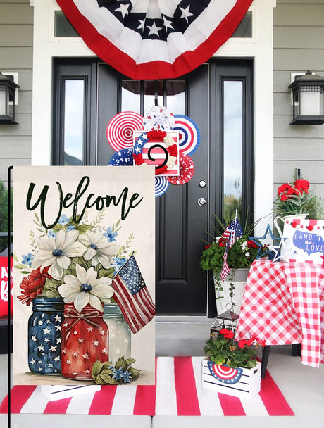 4th of July Floral Garden Flag 12x18 Vertical Double Sided Patriotic Mason Jar Flowers Red Blue Memorial Day Independence Day Holiday Outside Decorations Burlap Yard Flag BW321 BLKWHT