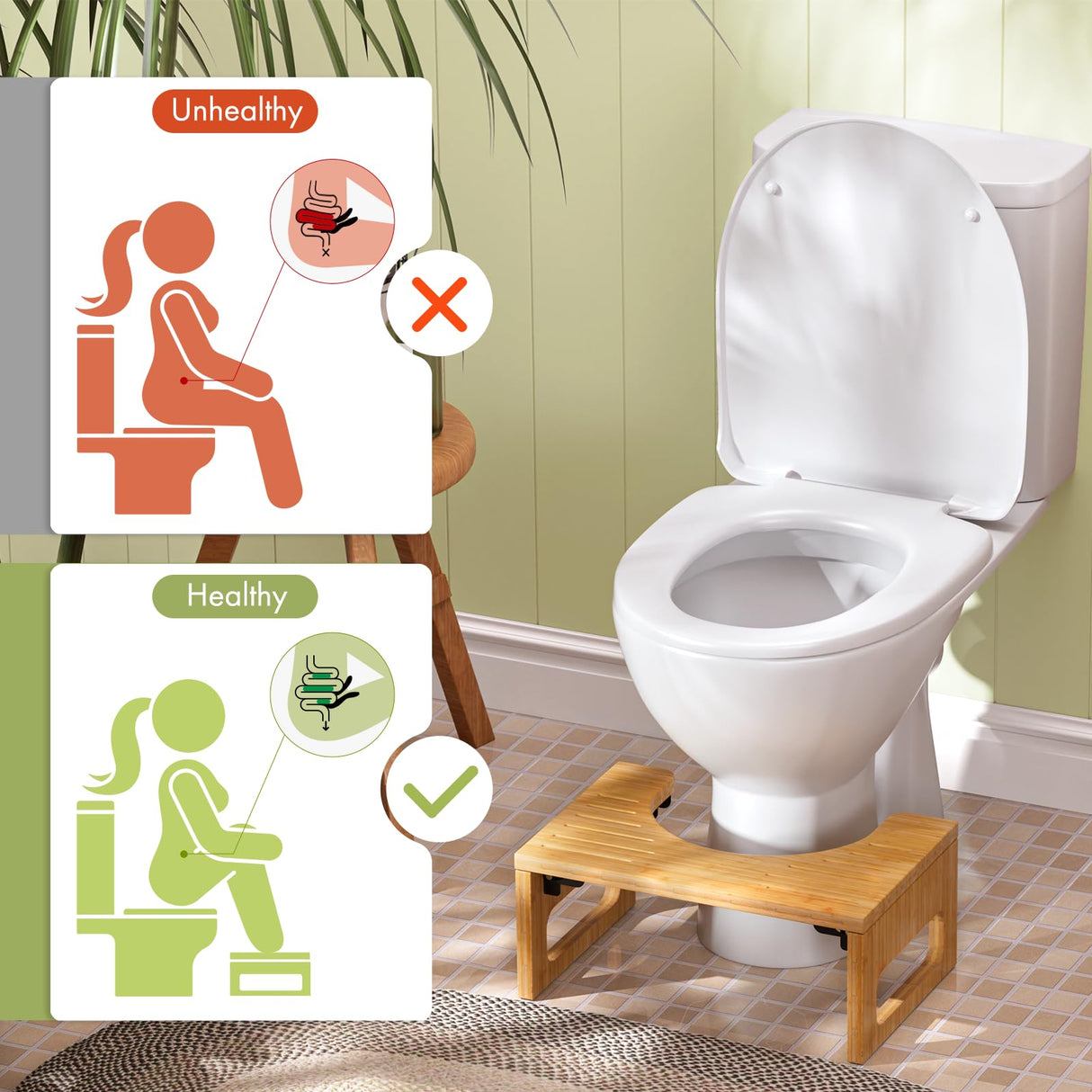 AmazerBath 7 Inches Bamboo Toilet Stool Squat for Adults, Collapsible Poop Stool for Bathroom, Potty Step Stool with Non-Slip Strip, Improve Bathroom Posture and Comfort, Natural Color AmazerBath