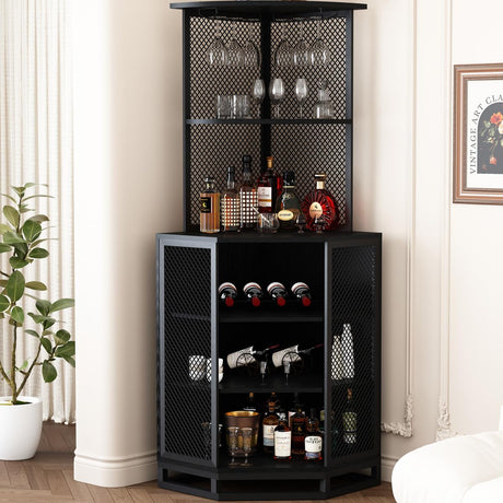IBF Corner Bar Cabinet, 5 Tier Corner Bar Cabinet for Liquor with Glass Holder, Industrial Tall Liquor Cabinet with with Adjustble Shelf Storage, Wood and Metal Corner Wine Cabinet, Black Oak, 71 Inch IBF