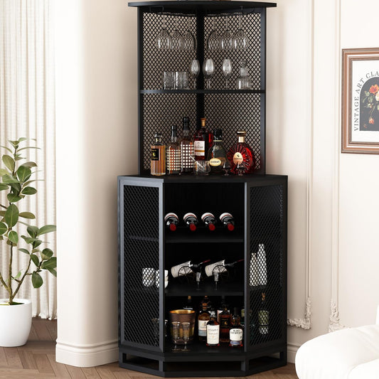 IBF Corner Bar Cabinet, 5 Tier Corner Bar Cabinet for Liquor with Glass Holder, Industrial Tall Liquor Cabinet with with Adjustble Shelf Storage, Wood and Metal Corner Wine Cabinet, Black Oak - WoodArtSupply