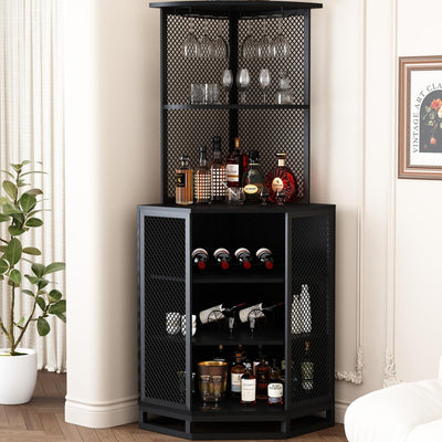 IBF Corner Bar Cabinet, 5 Tier Corner Bar Cabinet for Liquor with Glass Holder, Industrial Tall Liquor Cabinet with with Adjustble Shelf Storage, Wood and Metal Corner Wine Cabinet, Black Oak, 71 Inch