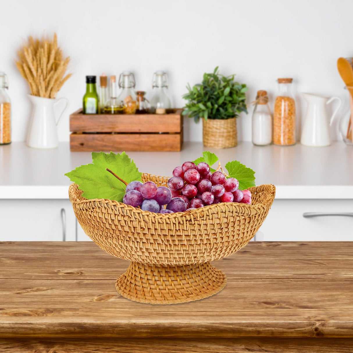 BRIGHTFUFU 5.5H*9.83W inch Rattan Fruit Plate Key Bowls Woven Snack Basket Snack Plate Tabletop Storage Tray Rattan Fruit Basket Decorative Pedestal Bowl Weaving Storage Holder Grocery Basket Dried Fr BRIGHTFUFU