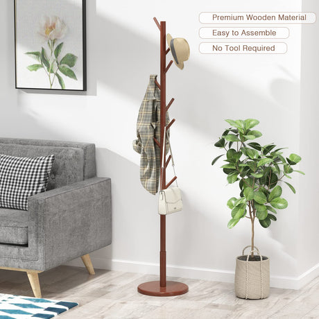 Wooden Coat Rack Freestanding Coat Tree with 4 Height Options and 9 Hooks, Sturdy Coat Rack Stand for Clothes/Bags/Hats, Easy Assemble Save Space for Entryway,Bedroom,Office,Narrow Place (Brown) Bamdibola