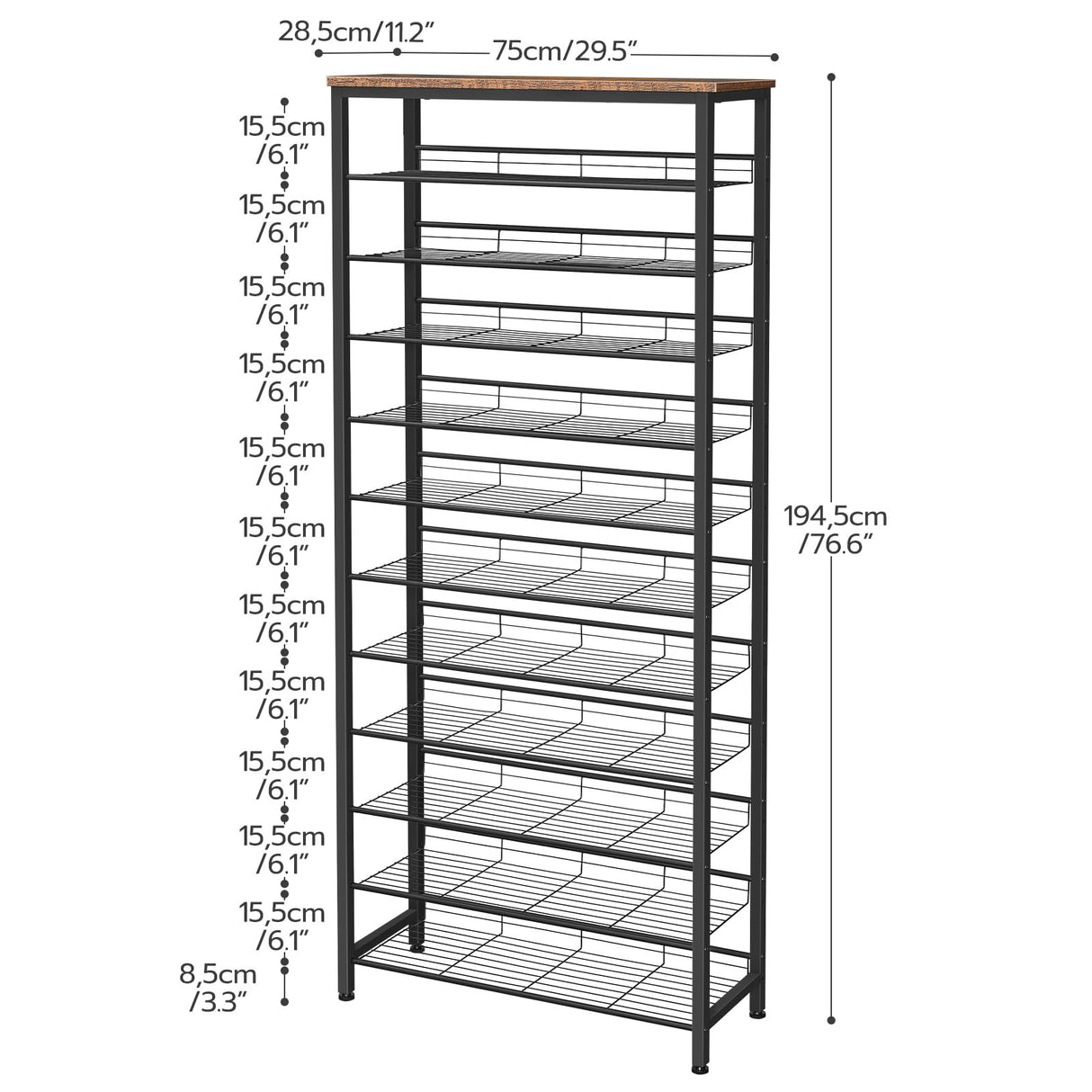 HOOBRO 12-Tier Shoe Rack, Large Capacity Shoe Storage Organizer for 35-45 Pairs of Shoes, Standing Shoe Shelf with Slanted Shelves, for Entryway, Closet, Hallway, Rustic Brown and Black BF51XJ01 HOOBRO