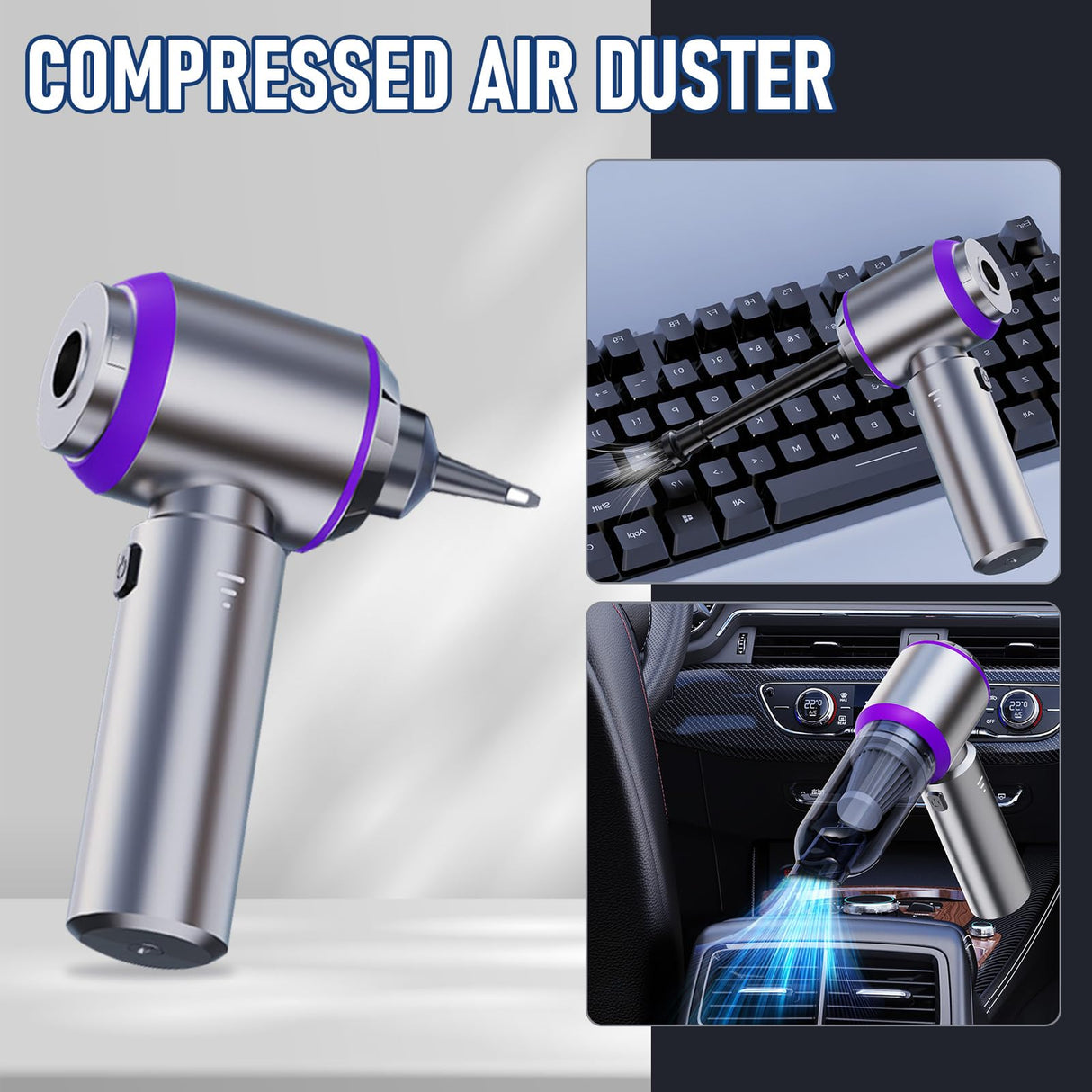 Car Vacuum Portable Cordless 20000PA High power Mini Vacuum Cleaner 4-in-1 Compressed Air Duster & Air Blower & Pump Hand Held Vacuum with Brushless Motor for Car, Home, Office,Camping (Purple) houscly