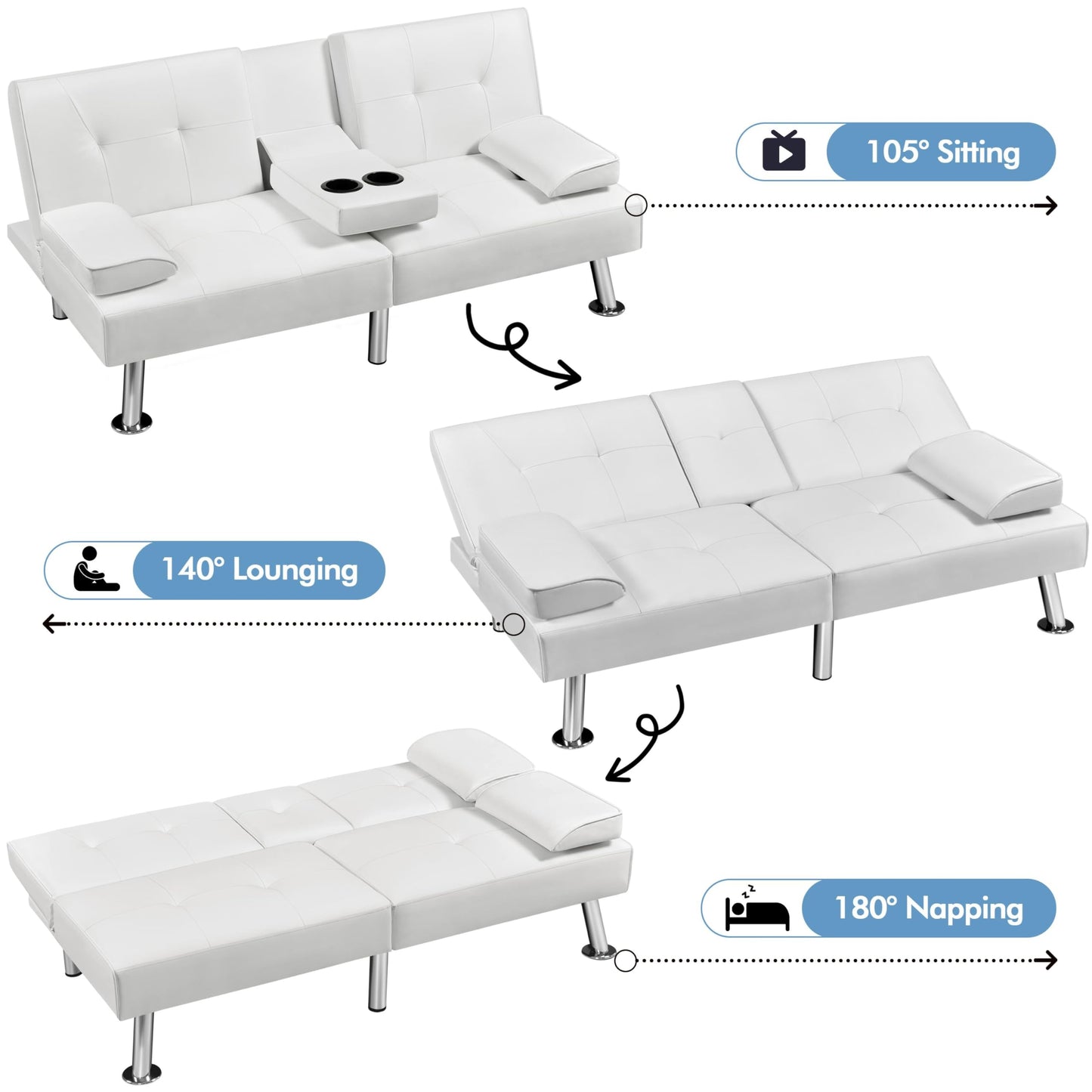 Yaheetech Convertible Sofa Bed Adjustable Couch Sleeper Modern Faux Leather Home Recliner Reversible Loveseat Folding Daybed Guest Bed, Removable Armrests, Cup Holders, 3 Angles, 772lb Capacity, White