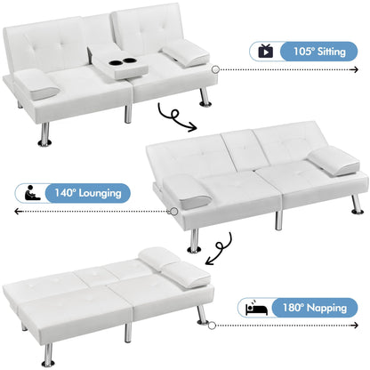 Yaheetech Convertible Sofa Bed Adjustable Couch Sleeper Modern Faux Leather Home Recliner Reversible Loveseat Folding Daybed Guest Bed, Removable Armrests, Cup Holders, 3 Angles, 772lb Capacity, White