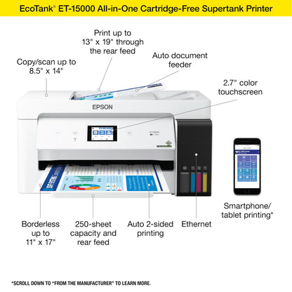 Epson EcoTank ET-15000 Wireless Color All-in-One Supertank Printer with Scanner, Copier, Fax, Ethernet and Printing up to 13 x 19 Inches, White