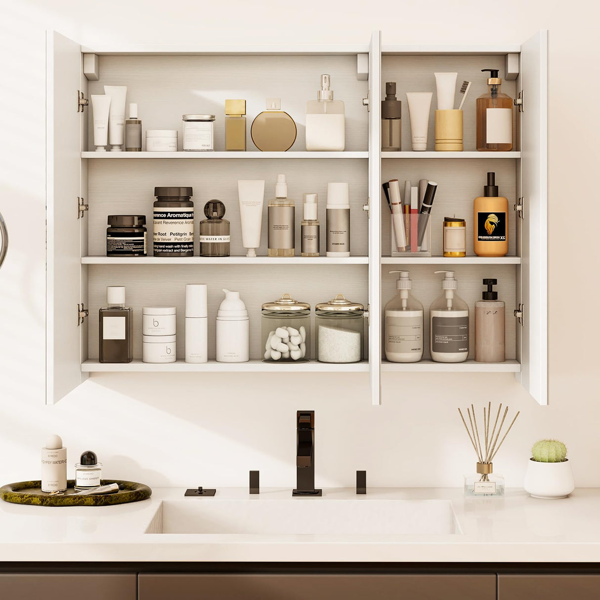 Tangkula Mirrored Medicine Cabinet, Large Wide Wall Mounted Storage Cabinet with 3 Mirror Doors & Adjustable Shelf, Hanging Bathroom Organizer, White, 34.5 x 5 x 25.5 Inches Tangkula