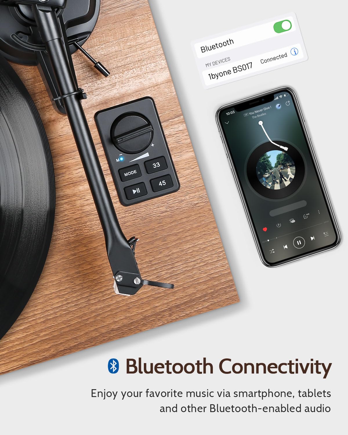 1 by ONE Bluetooth Turntable HiFi System with 36 Watt Bookshelf Speakers, Patend Designed Vinyl Record Player with Magnetic Cartridge, Bluetooth Playback and Auto Off 1byone