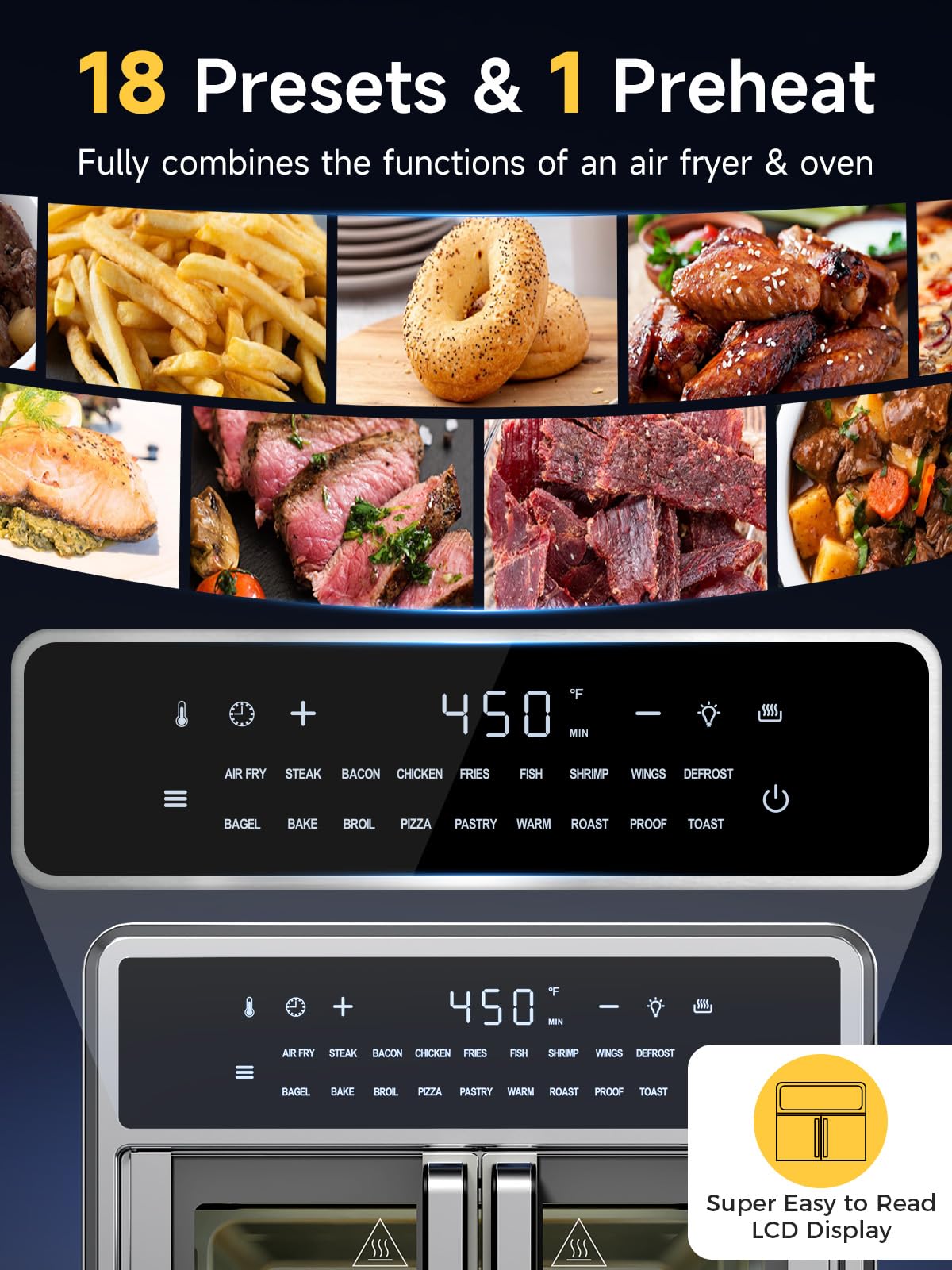 Kitchen Elite Air Fryer French Door Oven,15.8 Qt Toaster Oven Countertop Combo,18 Presets & 1 Preheat & Light, Airfryer Basket,Wire Rack,Baking Pan,Crumb Tray,Compact Design,Stainless Steel,Small Kitchen Elite