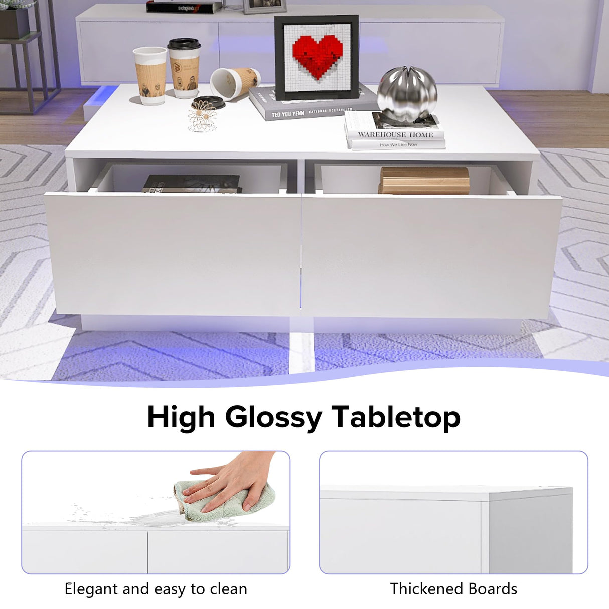 GlowSpark LED Coffee Table, LED Coffee Tables for Living Room, High Gloss Coffee Table with 16 Colors LED Lights, Modern White Coffee Table with Drawers, 4 Flashing Modes, Buletooth Control GlowSpark