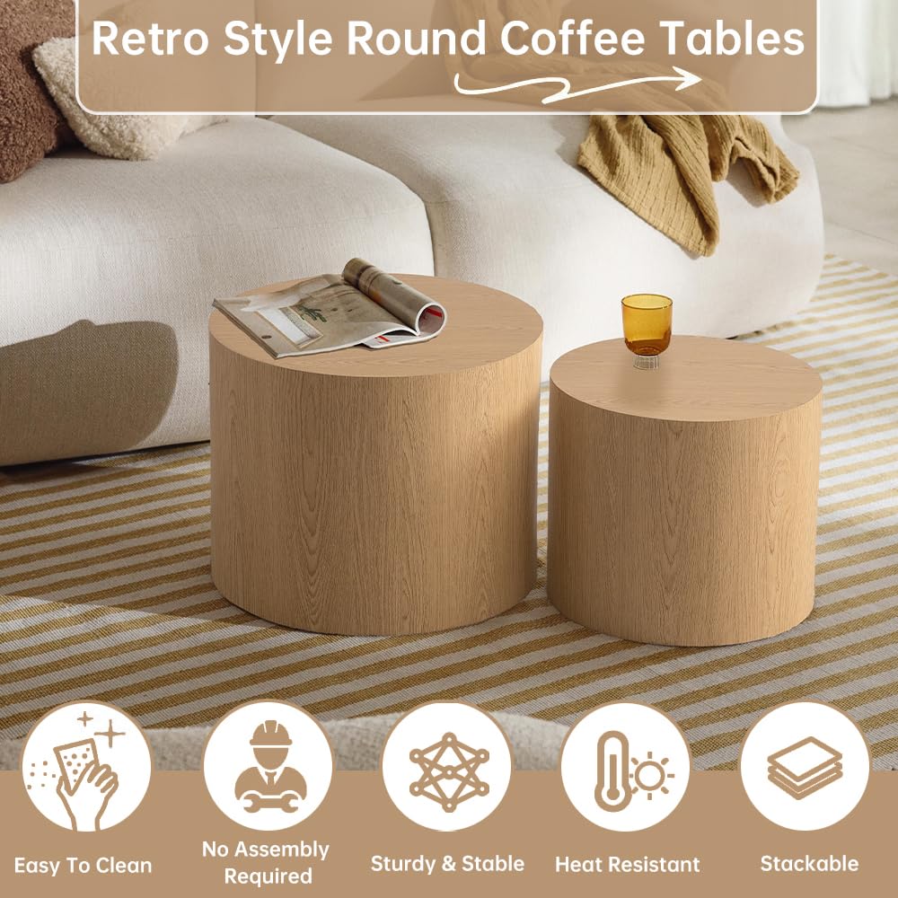 Round Nesting Coffee Table Set of 2 Modern Small Round Coffee Table Round End Table Small Side Table Circle Coffee Table Circular Nested Coffee Table for Living Room (Light Wood) YYZIWYUN