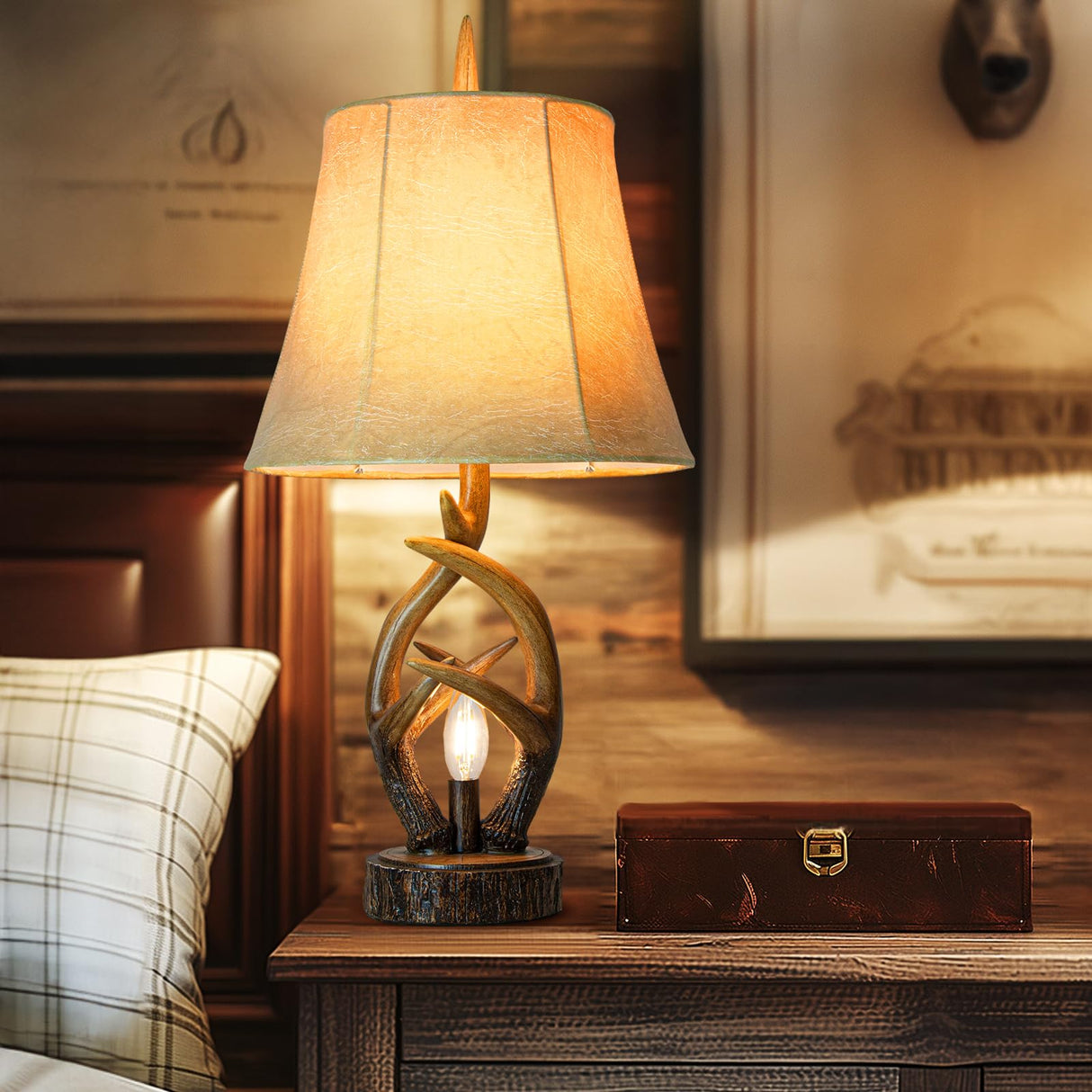 Scenekoy Rustic Farmhouse Antlers Bedside Table Lamp Set of 2 with Nightlight Dual USB Ports Leather Soft Bell Shade Brown Finish nightstand Lamp Decor for Living Room Bedroom Office House Hotel Scenekoy
