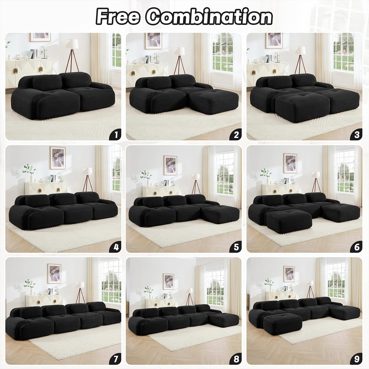 82" Modern Corduroy Boneless Love Seat Couches with 1 Ottoman, 2 Seater Large Sectional Couches for Living Room, Black Cloud Modular Sectional Sofa, Memory Foam, Extra Deep Loveseat, No Assembly ZenNook