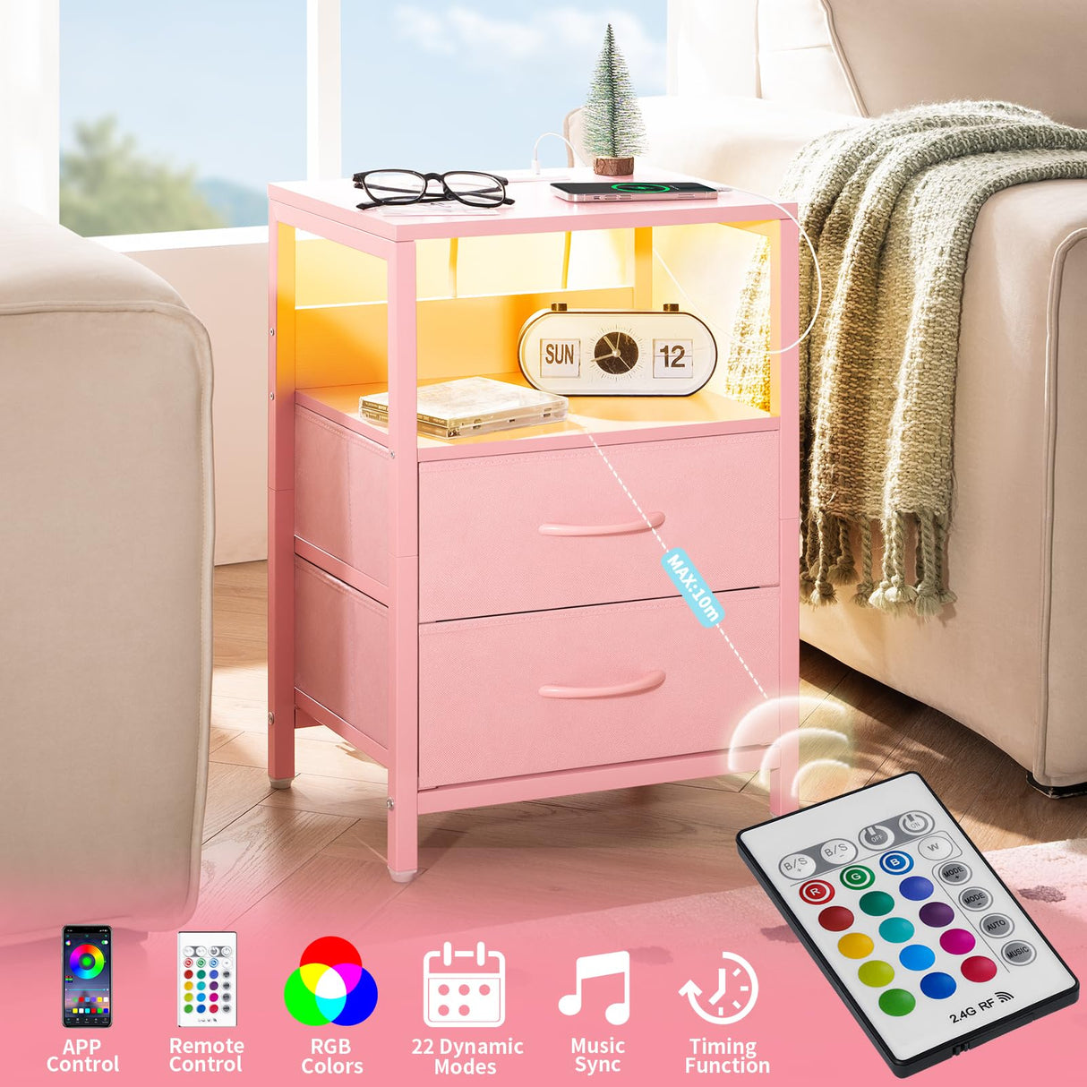 Yoobure Nightstand with Charging Station, LED Night Stand with Fabric Drawers and Storage Shelf for Bedroom, Nightstands Bedside Tables with USB Ports & Outlets, Small Night Stands, Bed Side Table Yoobure