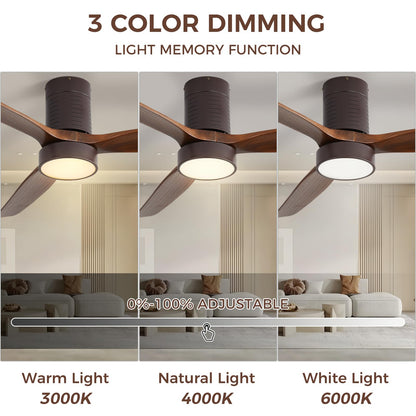 Sofucor 52 inch Low Profile Ceiling Fan with Light, Solid Wood Ceiling Fan with Light and Remote, 3-Color 6-Speed Noiseless Reversible DC Motor with Timer for Bedroom & Living Room