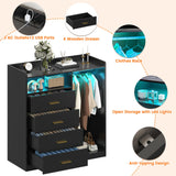 Bigbiglife Dresser with Clothes Rack for Bedroom Wood, 4 Drawer Dresser White with LED Lights and Power Outlet, 15.7" D x 43.3" W x 45.7" H, Tall Storage Chest of Drawers with Flexible Shelf,Black Bigbiglife