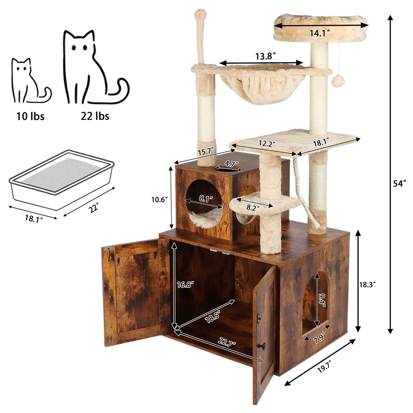 Timberer Cat Tree with Litter Box Enclosure, 2-in-1 Cat Tower for Indoor Cats, Large Cat Furniture, Wood Cat Condo with Basket, Scratching Posts, Pompoms, Rustic Brown - WoodArtSupply