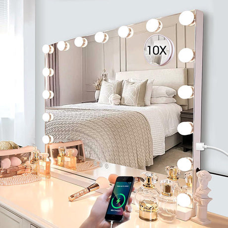Kottova Large Vanity Mirror with 17 Dimmable LED,Hollywood Vanity Makeup Mirror with 3 Color Lights,USB Charging Port,Lighted Mirror,Detachable 10X Spot Mirror,Touch Control,24.4"x 21.2",White Kottova