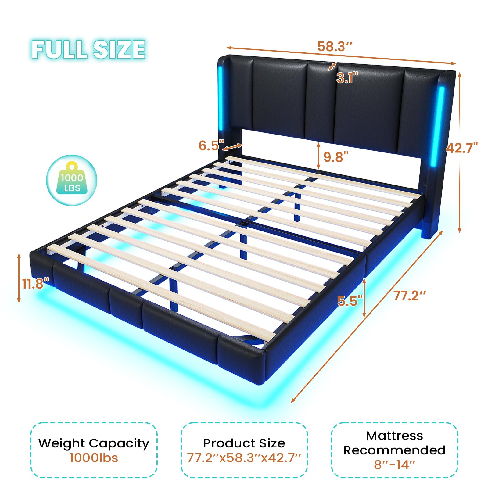 MSmask Floating Full Size Bed Frame with LED Lights, USB Ports, and No Box Spring Needed - Black - WoodArtSupply