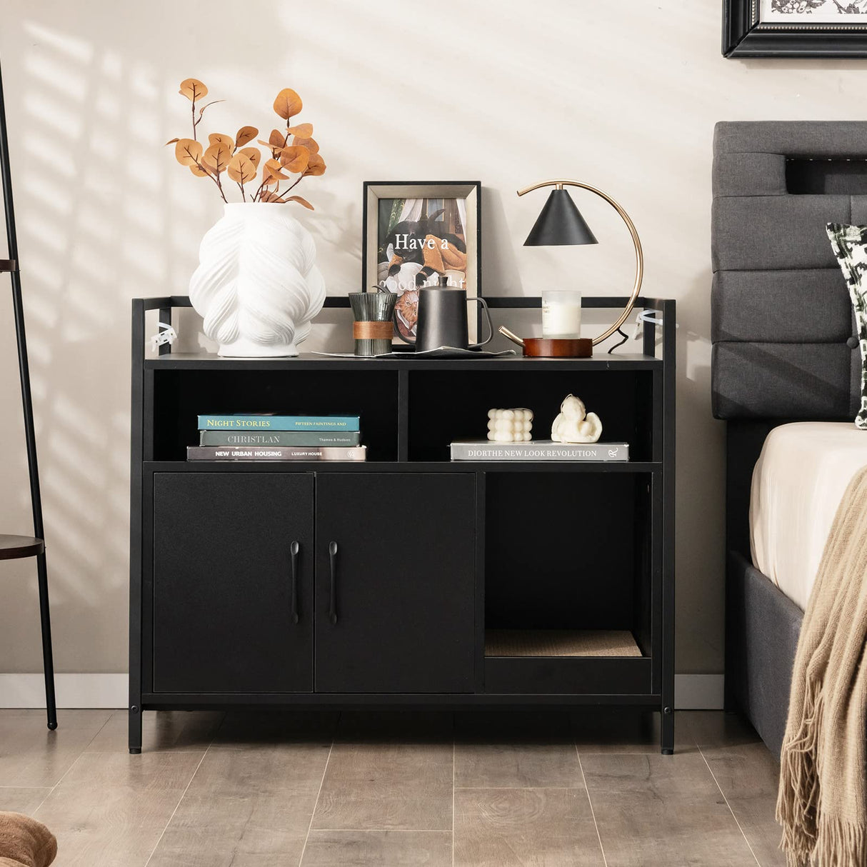 Giantex Cat Litter Box Enclosure - Cat Washroom Hidden Furniture with Front Entry, Cat Scratcher, 2-Door Storage Cabinet, 2 Compartments, Air Vents, Metal Frame, Wooden Pet Crate House (Black) Giantex