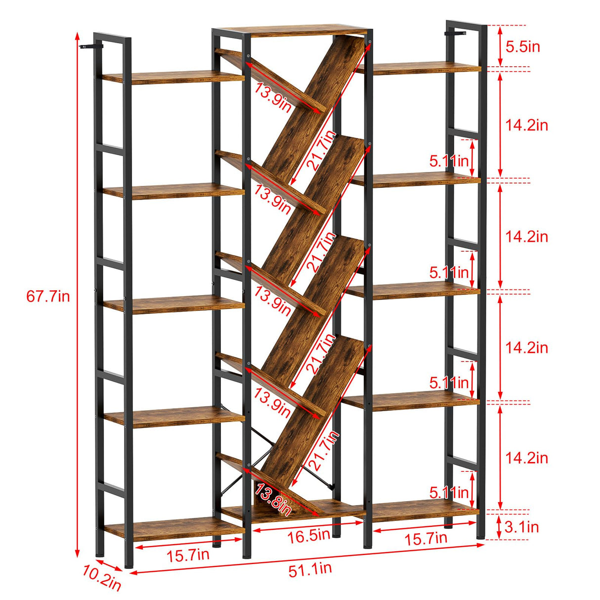 Cutogxon Triple 5 Tier Bookshelf, Large Bookcase Industrial Bookshelf with 19 Open Display Shelf, Wooden Wide Tall Tree Bookshelf for Living Room Home Office, Rustic Brown Cutogxon