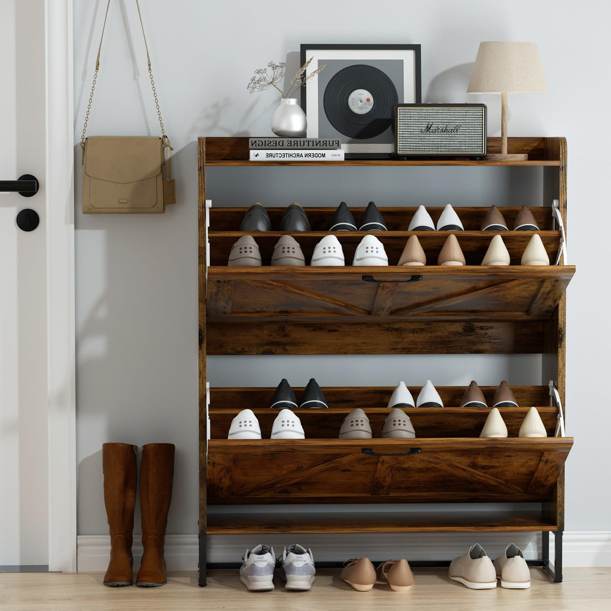 Urban Deco Wooden Shoe Storage Cabinet for Entryway, Organizer Shoe Cabinet with 2 Flip Drawers, Elegant 2 Tier Freestanding Shoe Organizer (Rustic Brown) Urban Deco