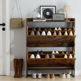 Urban Deco Wooden Shoe Storage Cabinet for Entryway, Organizer Shoe Cabinet with 2 Flip Drawers, Elegant 2 Tier Freestanding Shoe Organizer (Rustic Brown) Urban Deco