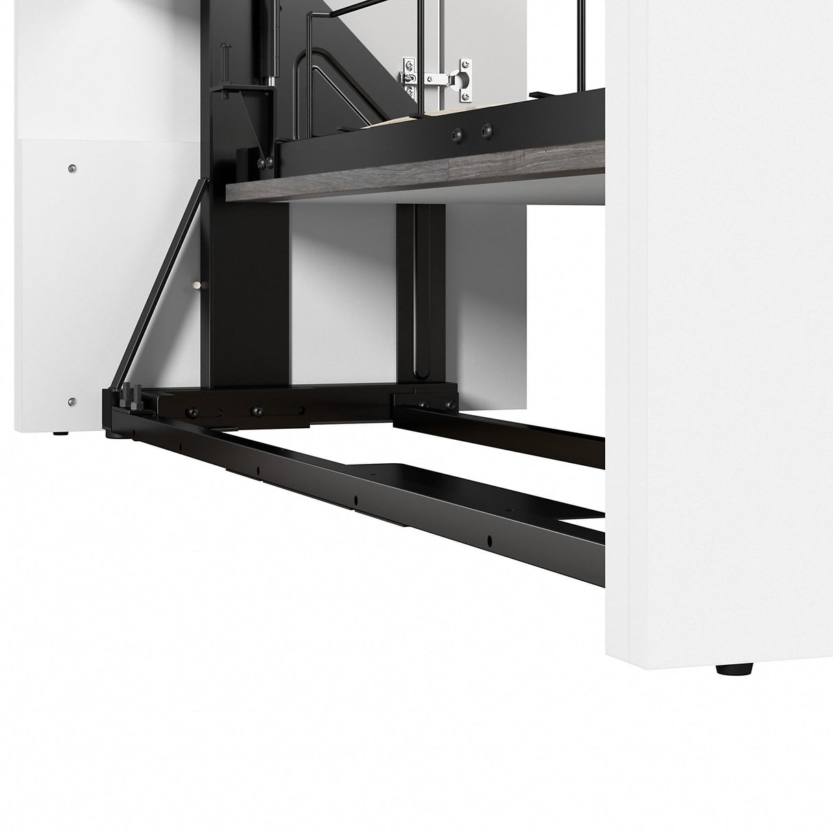 Bestar Orion Queen Murphy Bed with Storage Cabinets and Pull-Out Shelf (106W) in White and Walnut Grey, Sleeping Arrangement with Shelves Bestar