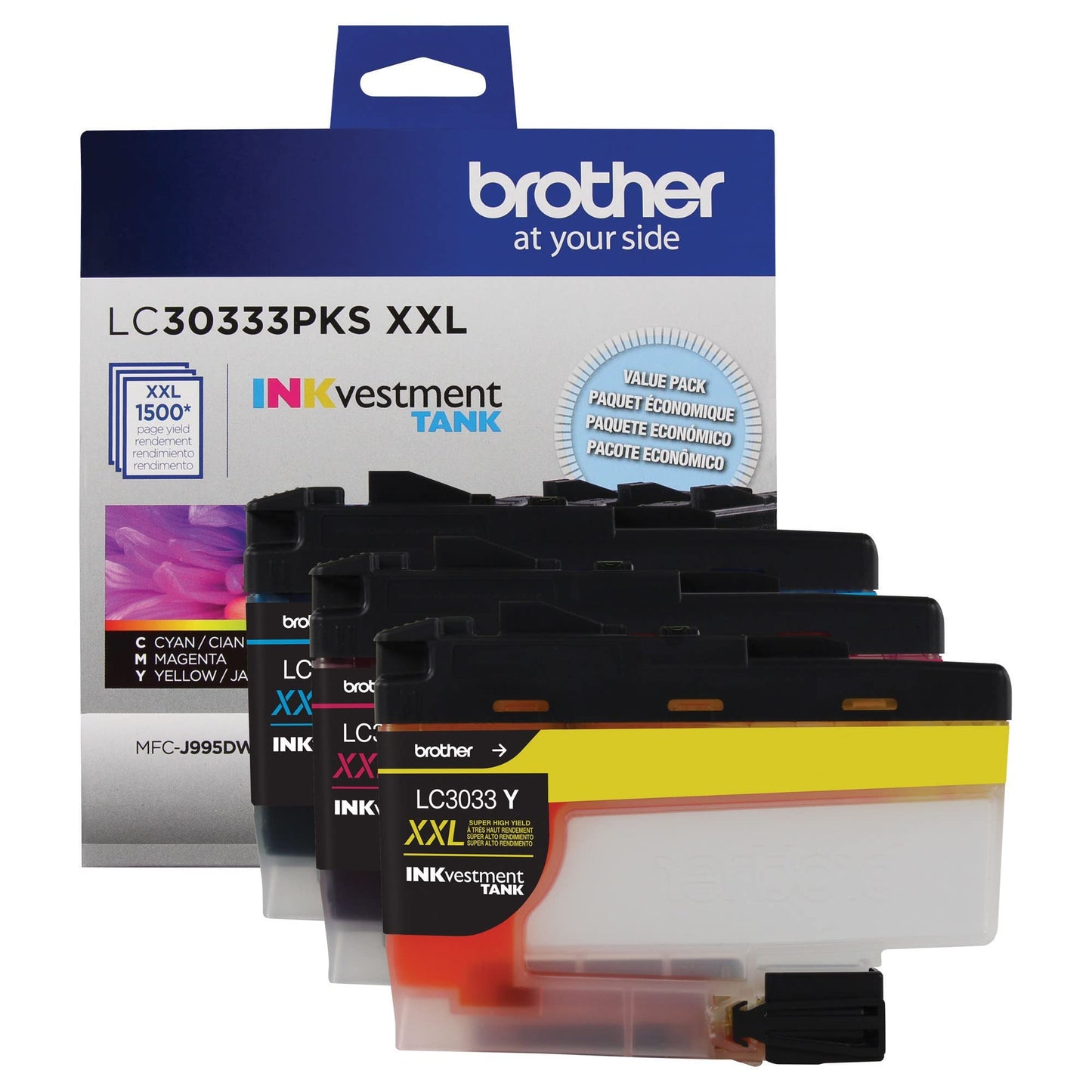 Brother Genuine LC30333PKS 3-Pack, Super High-yield Color INKvestment Tank Ink Cartridges; Includes 1 Cartridge each of Cyan, Magenta & Yellow, Page Yield Up to 1,500 Pages/Cartridge, LC3033