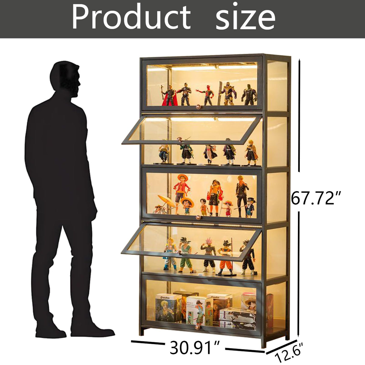 5-Tier Display Cabinet with Acrylic Doors, 67.5" Transparent Curio Display Case for Figures, Collectibles Toy Organizers Rack & Display Shelf, Kids Bookcase for Home, Office, Playroom, Living Room IHGSSKD