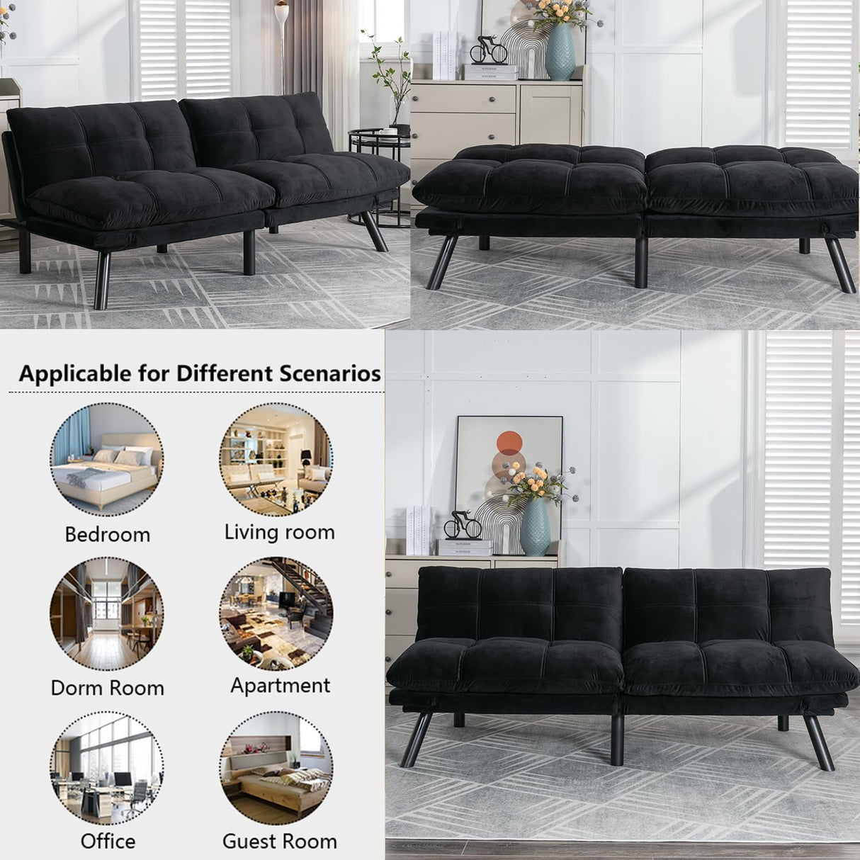 Modern Velvet Convertible Folding Futon Couch Sofa Bed Adjustable Pillow Top Arm Memory Foam Couch Double Loveseat Sofa for Compact Living Space,Dorm,Game Studio,Apartment,Bedroom (Black) Klwenas Maec