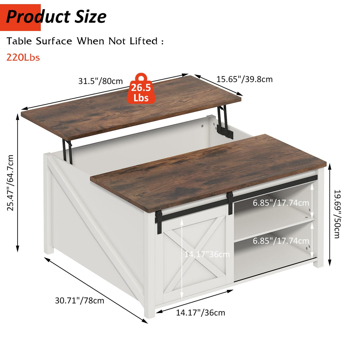 PUKAMI Lift Top Coffee Table with Storage, 31.5" Farmhouse Coffee Table for Living Room, Square Coffee Tables with Large Hidden Storage and Sliding Barn Doors, White PUKAMI