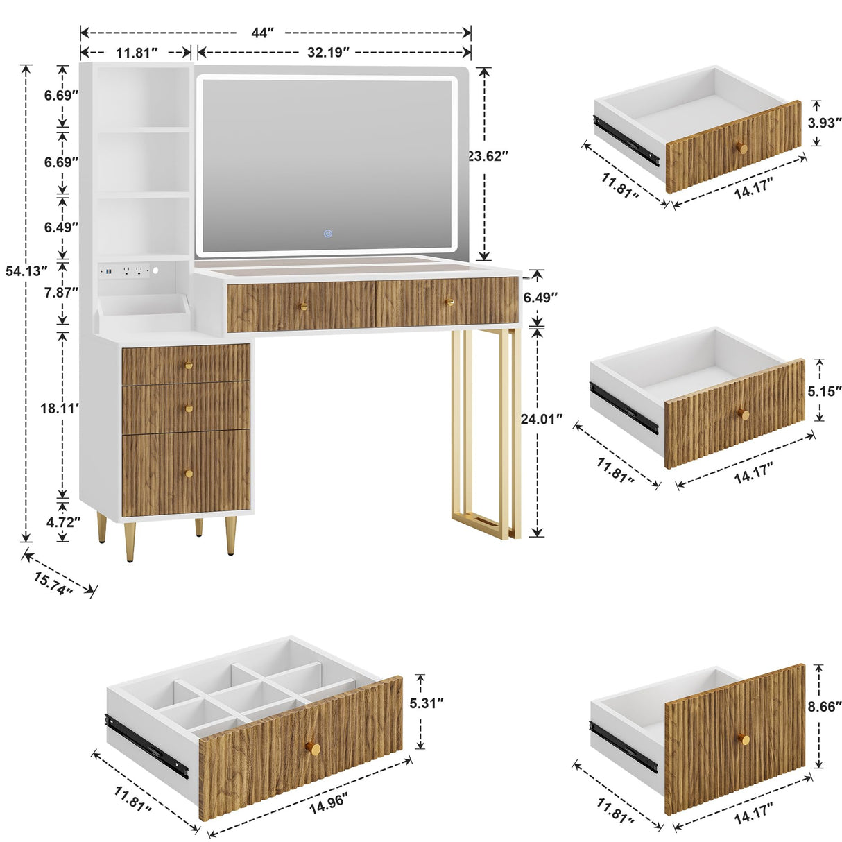 DAMCROP 44 Inch Vanity Desk with 32'' Lighted Mirror & Charging Station, Dressing Table with Modern Fluted Design Glass Top 5 Drawers, 3 Shelves Makeup Vanity Set for Bedroom Dressing Room(White) DAMCROP
