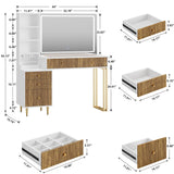 DAMCROP 44 Inch Vanity Desk with 32'' Lighted Mirror & Charging Station, Dressing Table with Modern Fluted Design Glass Top 5 Drawers, 3 Shelves Makeup Vanity Set for Bedroom Dressing Room(White) DAMCROP