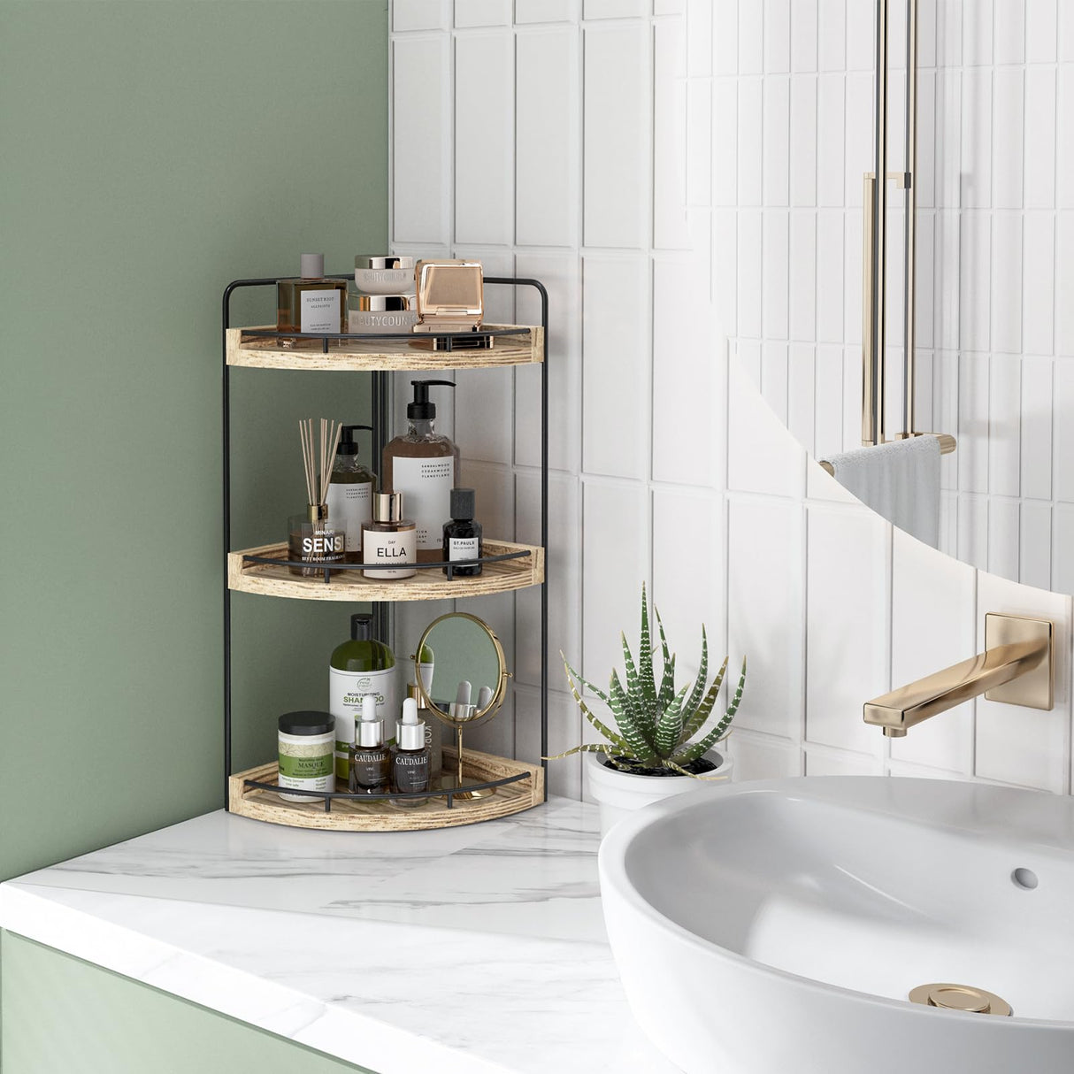 Fixwal Corner Bathroom Counter Organizer, 3 Tier Rustic Bathroom Organizer, Wood Countertop Storage Tray for Vanity, Kitchen, Bedroom (Light Brown) Fixwal
