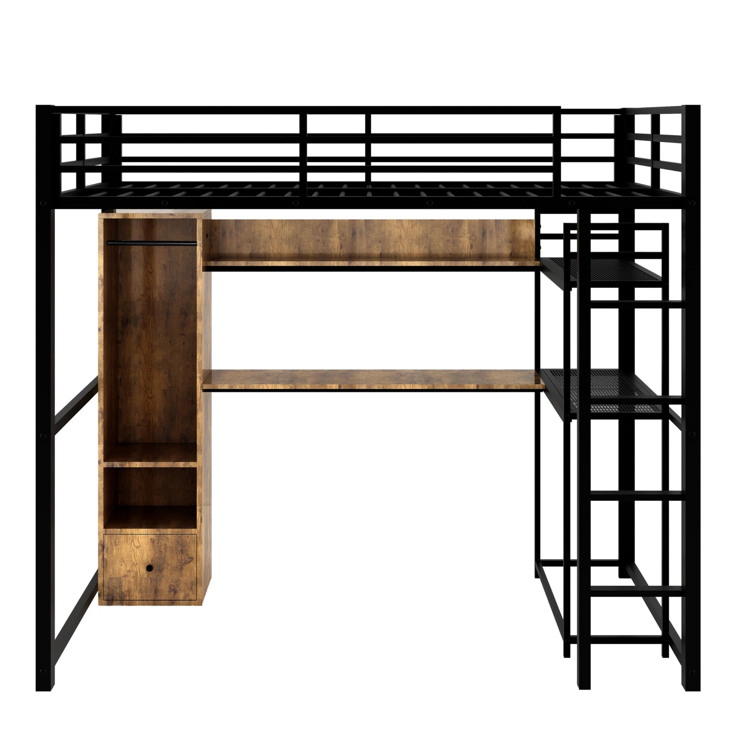 Metal Full Size Loft Bed with Desk,Heavy Duty Loft Bed with Wardrobe and Storage Shelves,Loft Bed Full Size with Drawers, Black Loft Bed for Kids,Teens,Adults