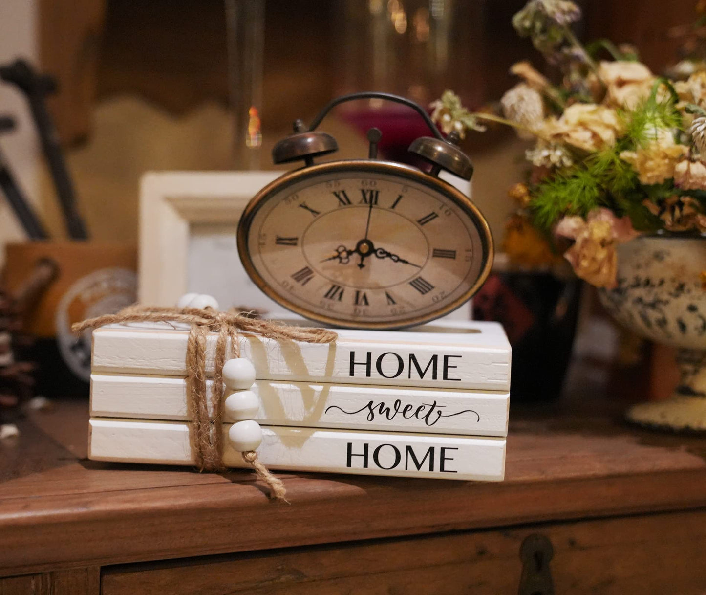 LARAINEIK 3 Pieces Wooden Decorative White Books, Rustic Farmhouse Book Stack, Faux Books for Coffee Table Shelves with Wood Bead Tassels and Leaves, for Modern Home Decor, 7'x 4.6'x 2.5'