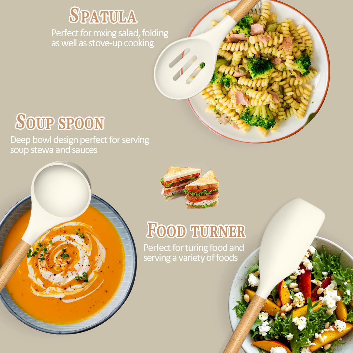 Umite Chef Kitchen Cooking Utensils Set, 33 pcs Non-stick Silicone Cooking Kitchen Utensils Spatula Set with Holder, Wooden Handle Silicone Kitchen Gadgets Utensil Set (Cream White) Umite Chef