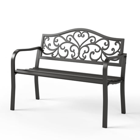 Sophia & William Outdoor Bench, Metal Garden Bench, Cast Iron Park Benches for Outside with Floral Design Backrest, Black Sophia & William