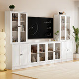 TUSY 4-Piece Large TV Stand with Bookshelves for TVs up to 75", TV Entertainment Center Media Center with Tempered Glass Doors and Shelves, TV Hutch for Living Room White (2B+2D) TUSY