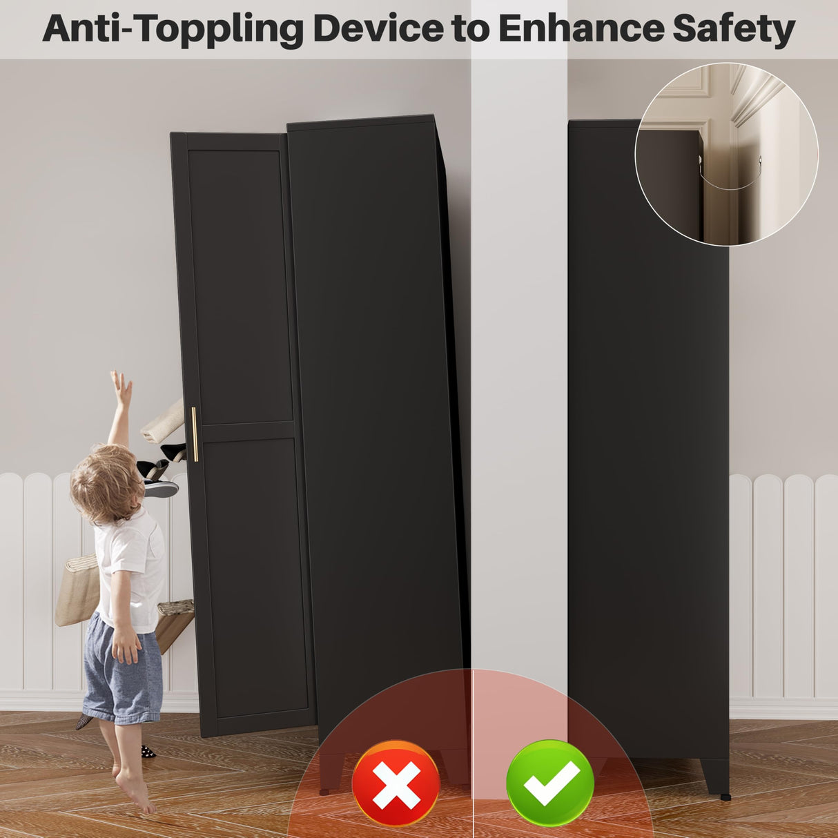 winiowa Metal Armoire Wardrobe Closet with 2 Mirror Doors, 71"' Wardrobe Cabinet with Adjustable Shelves and Hanging Rod, Clothing Storage Cabinet Closet with Mirror for Bedroom-Black winiowa