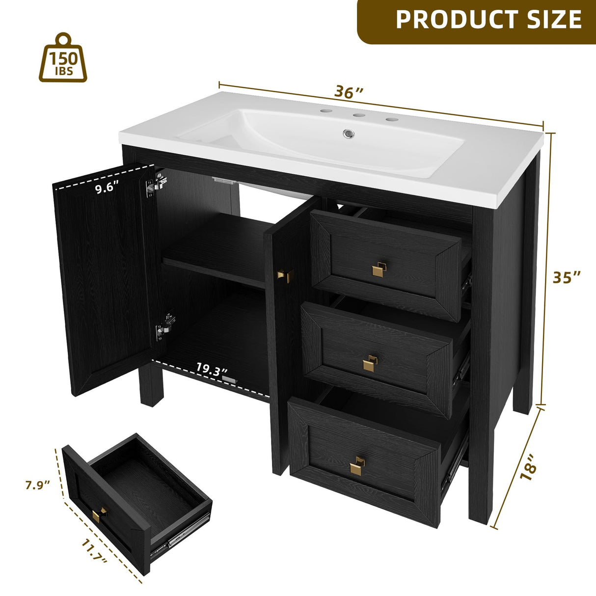 YITAHOME 36" Bathroom Vanity with Sink Set, Vintage Bathroom Cabinet Vanity with Resin Basin, Extra Large Storage with 2 Soft-Closing Doors & 3 Drawers, Black YITAHOME